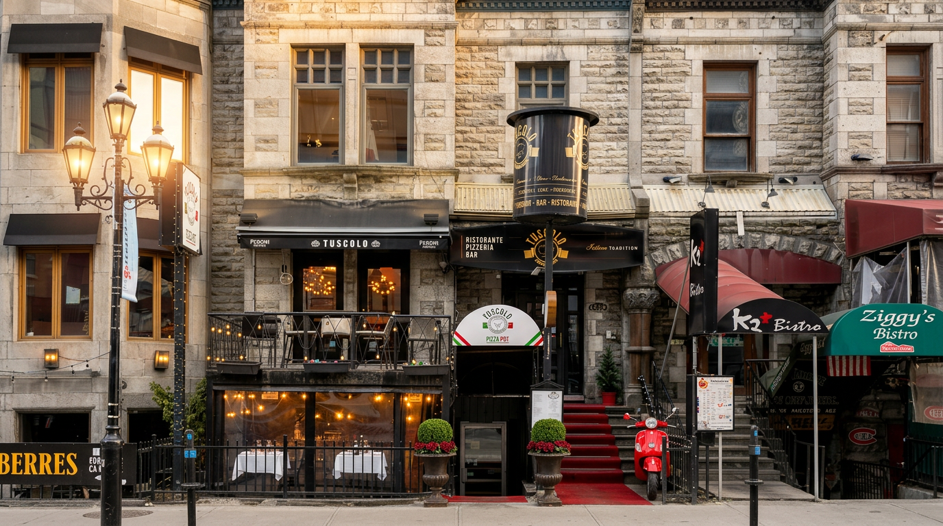 Tuscolo restaurant facade on Rue Crescent, Montreal — stone building, awnings, red carpet entrance and terrace