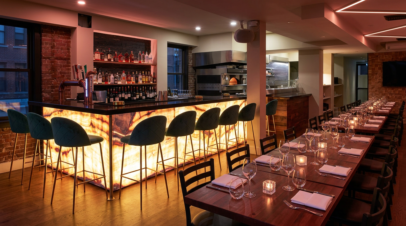 Tuscolo-style modern Italian bar and dining room, warm evening lighting, no guests shown